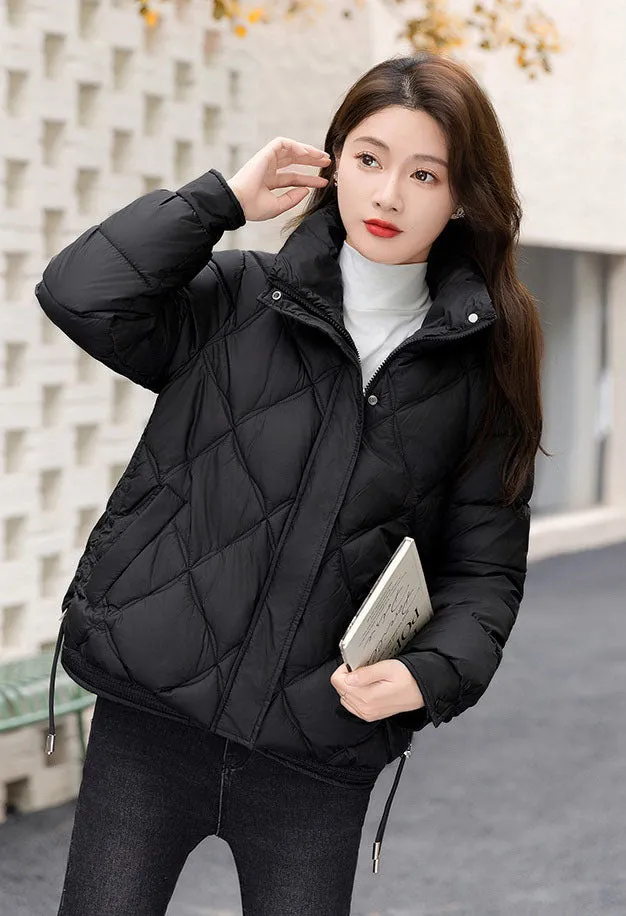 Women's Thickened Solid Color Puffer Jacket Ruched and Quilted Design