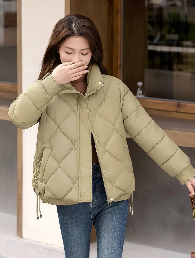 Women's Thickened Solid Color Puffer Jacket Ruched and Quilted Design