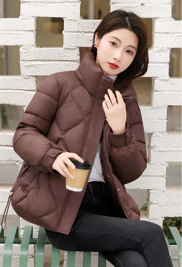 Women's Thickened Solid Color Puffer Jacket Ruched and Quilted Design