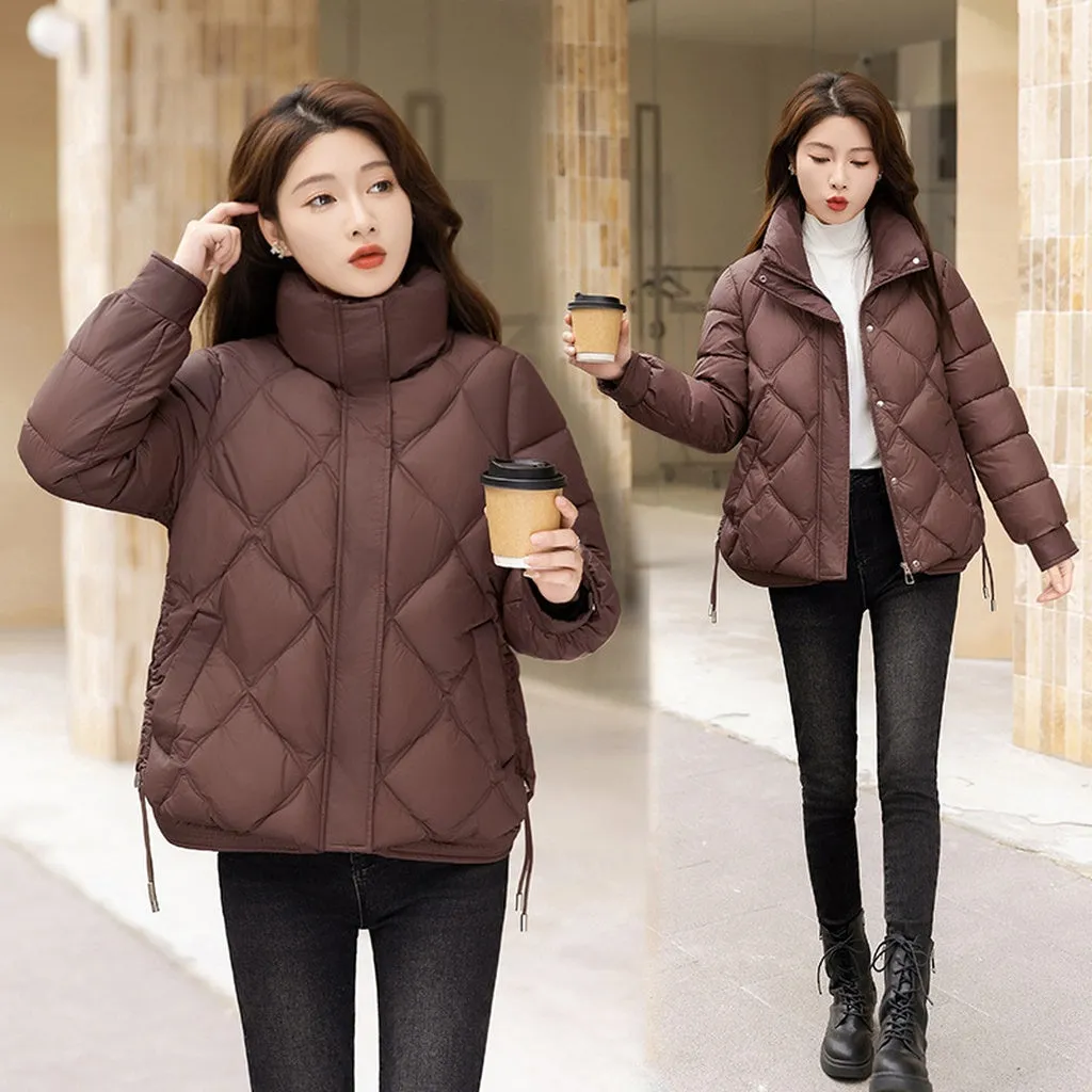 Women's Thickened Solid Color Puffer Jacket Ruched and Quilted Design