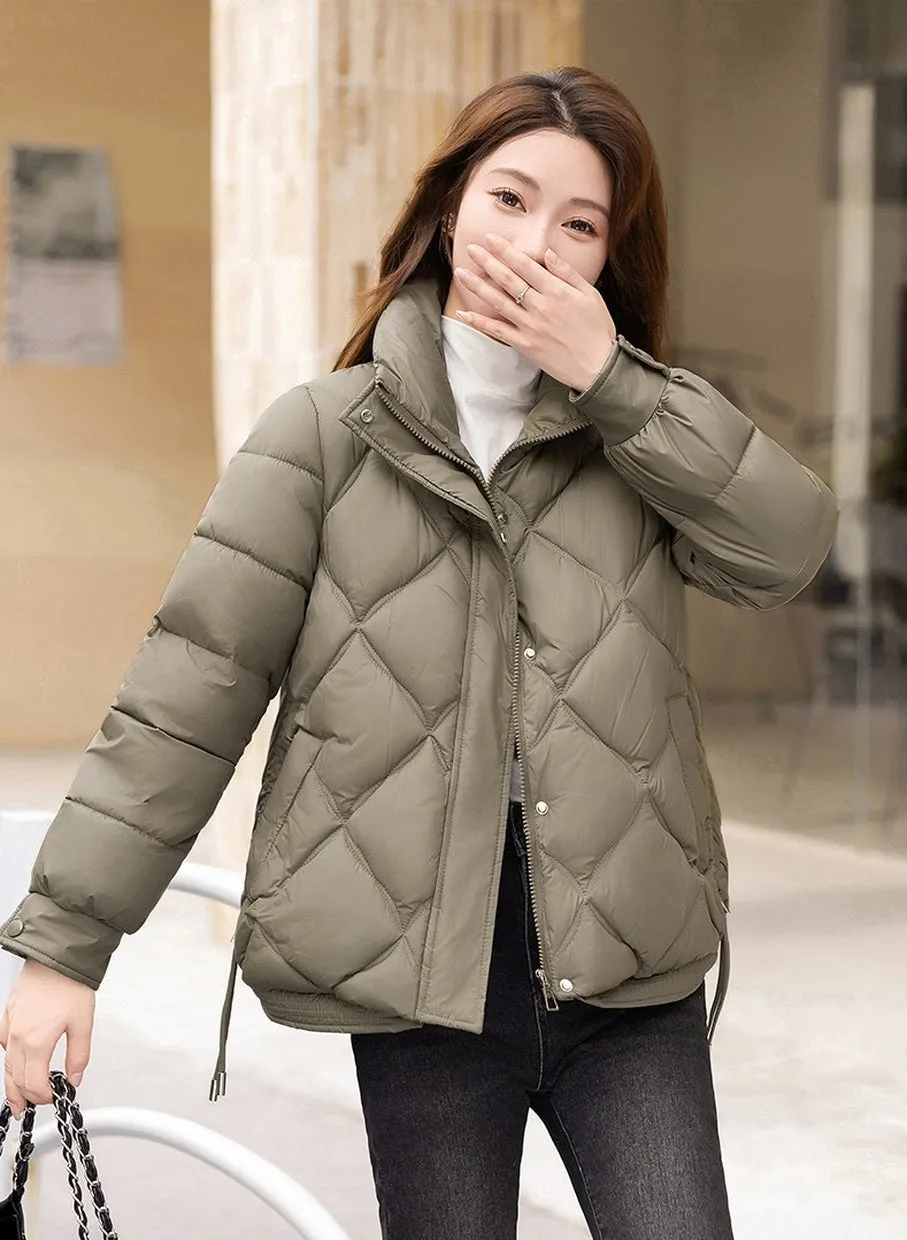 Women's Thickened Solid Color Puffer Jacket Ruched and Quilted Design