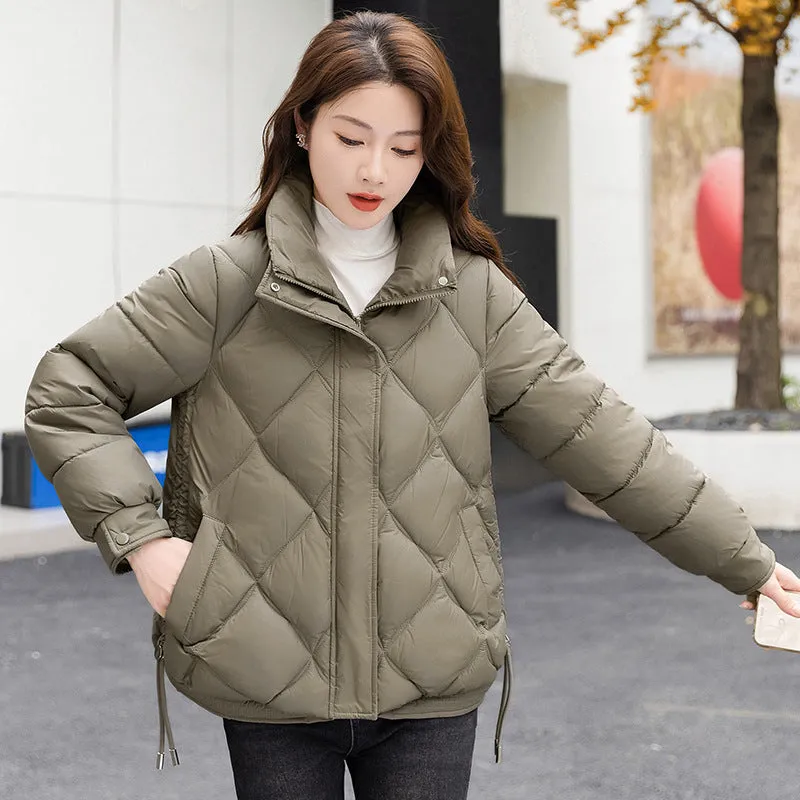 Women's Thickened Solid Color Puffer Jacket Ruched and Quilted Design