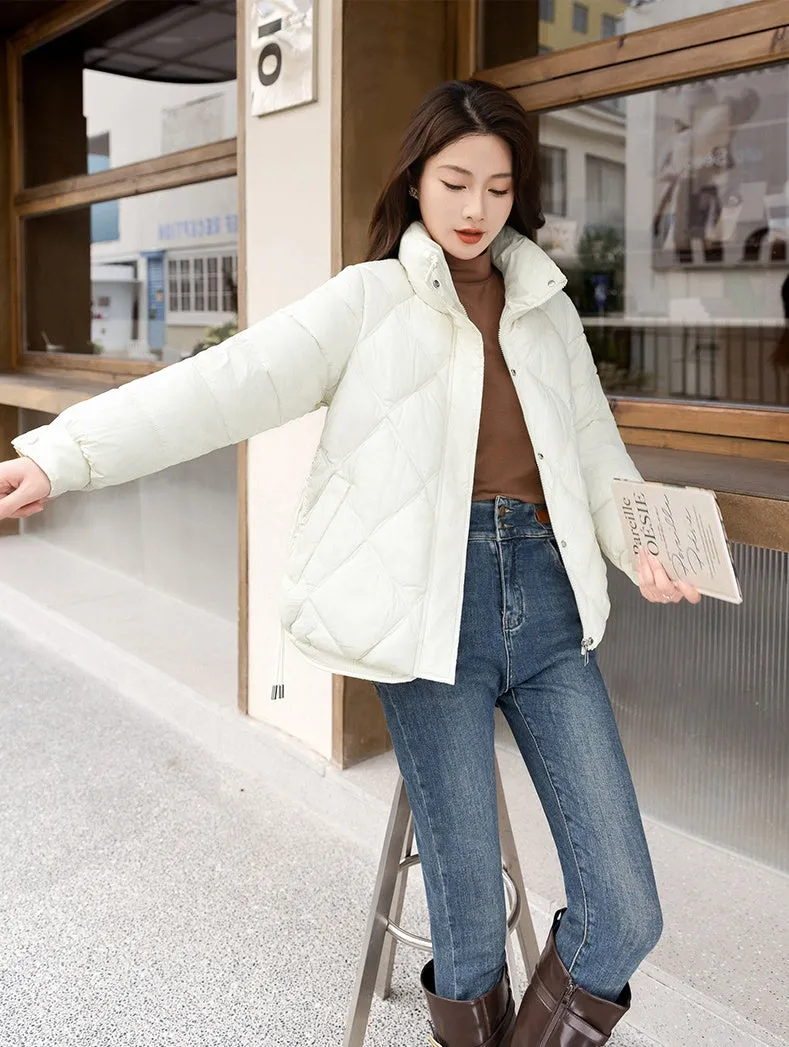 Women's Thickened Solid Color Puffer Jacket Ruched and Quilted Design