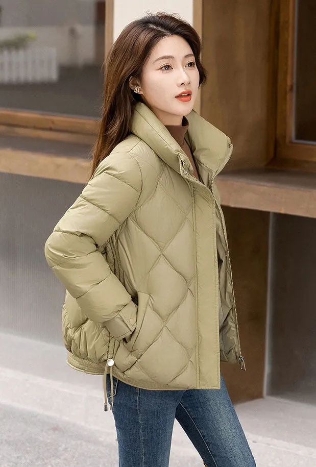 Women's Thickened Solid Color Puffer Jacket Ruched and Quilted Design