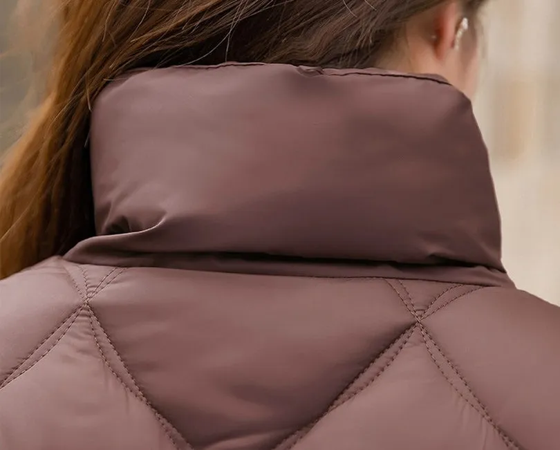 Women's Thickened Solid Color Puffer Jacket Ruched and Quilted Design