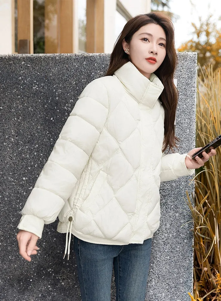 Women's Thickened Solid Color Puffer Jacket Ruched and Quilted Design