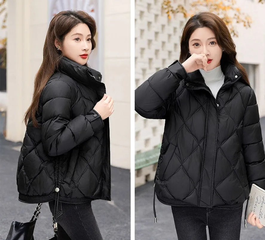 Women's Thickened Solid Color Puffer Jacket Ruched and Quilted Design