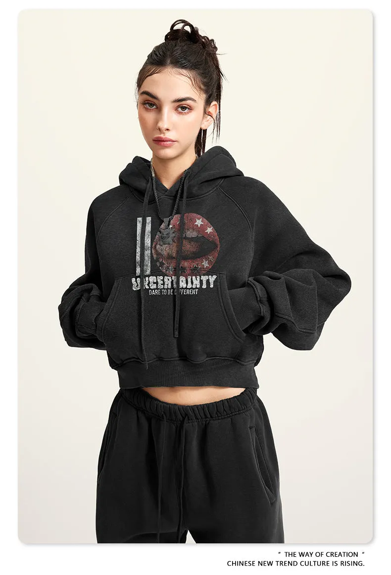 Women's Vintage Print Cropped Hoodie | Y2K Washed Black
