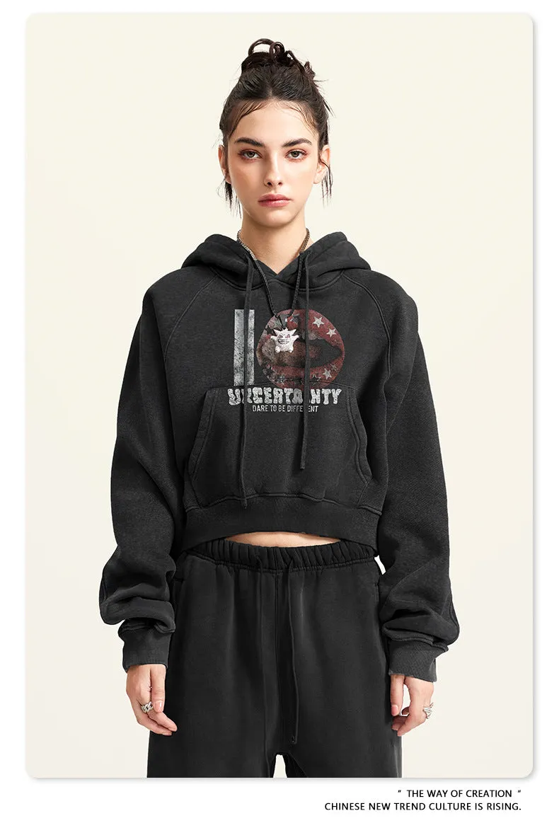 Women's Vintage Print Cropped Hoodie | Y2K Washed Black