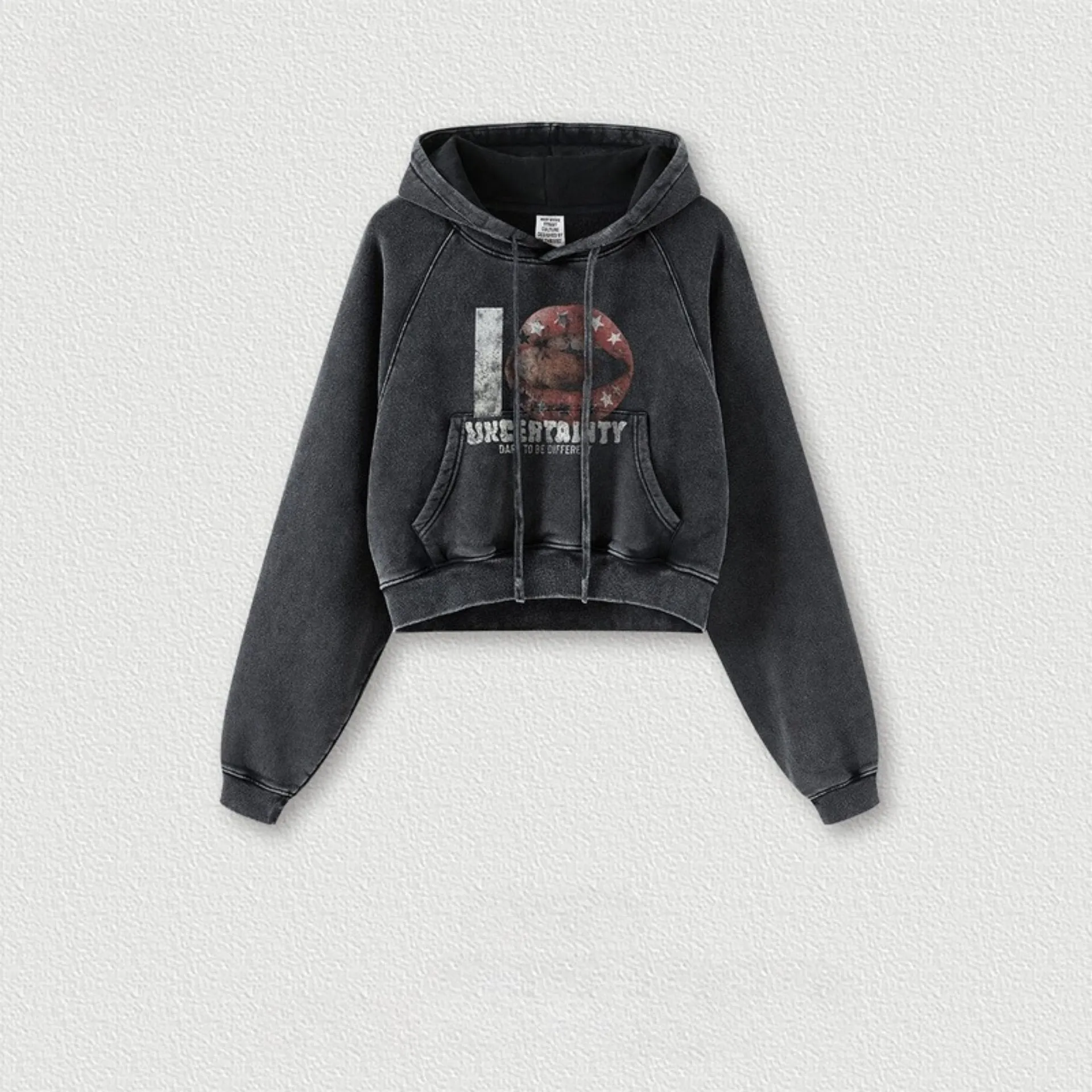 Women's Vintage Print Cropped Hoodie | Y2K Washed Black