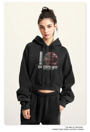 Women's Vintage Print Cropped Hoodie | Y2K Washed Black