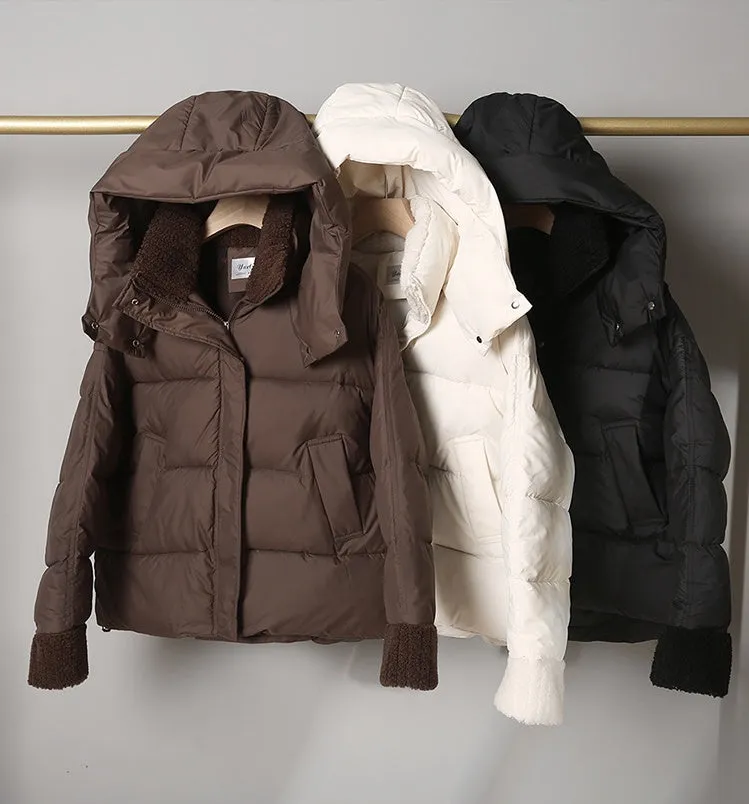 Women's Water-resistant Hooded Puffer Jacket with Patchwork Design