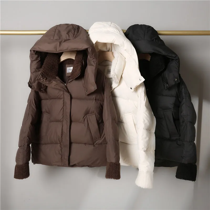 Women's Water-resistant Hooded Puffer Jacket with Patchwork Design