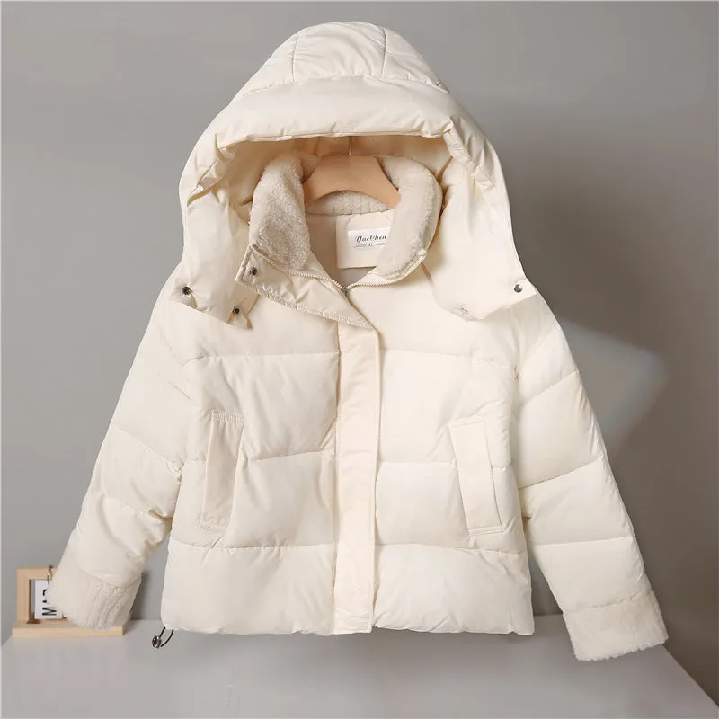 Women's Water-resistant Hooded Puffer Jacket with Patchwork Design