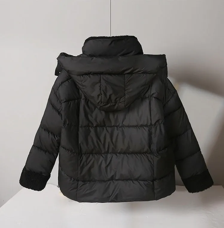 Women's Water-resistant Hooded Puffer Jacket with Patchwork Design