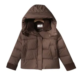 Women's Water-resistant Hooded Puffer Jacket with Patchwork Design
