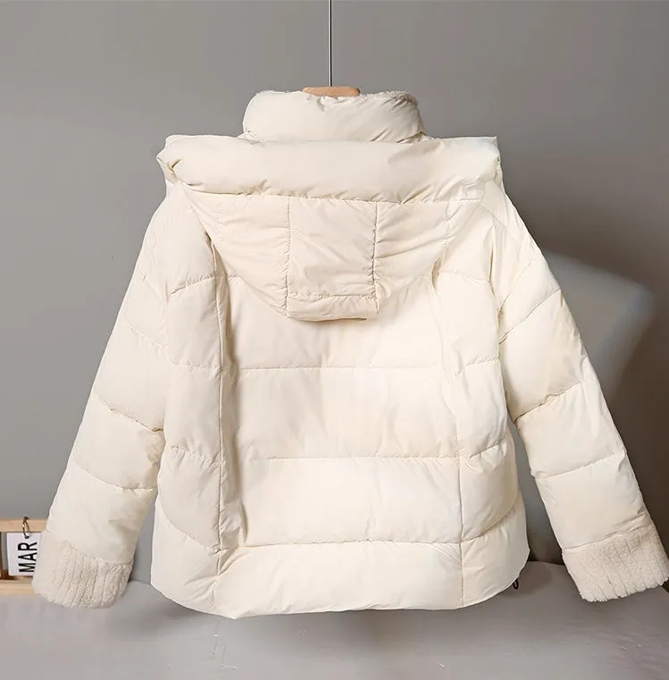 Women's Water-resistant Hooded Puffer Jacket with Patchwork Design
