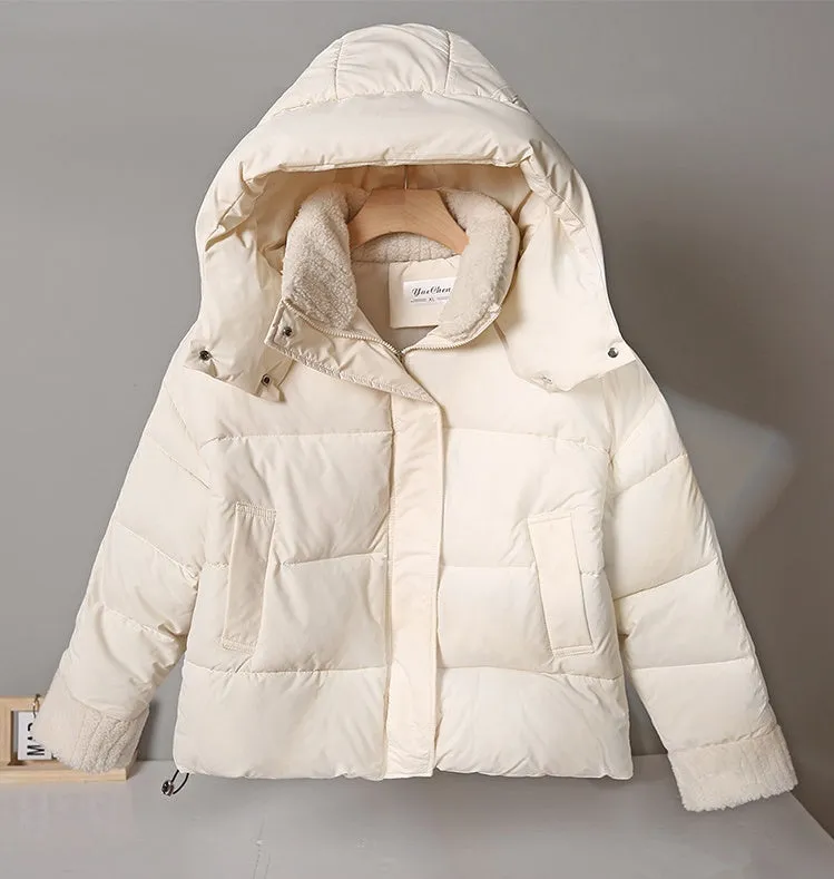 Women's Water-resistant Hooded Puffer Jacket with Patchwork Design
