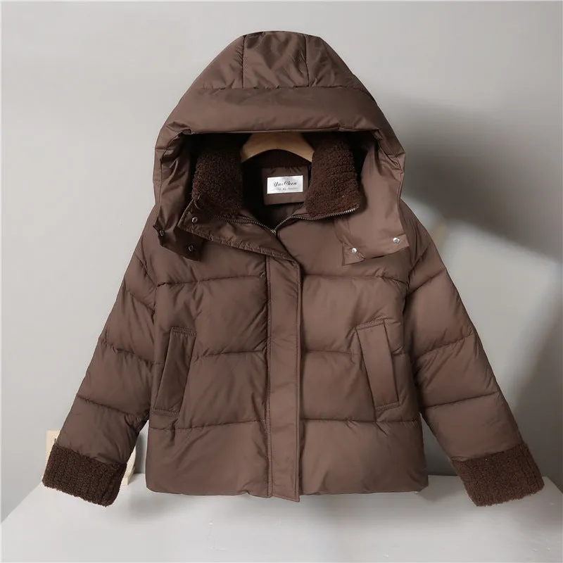 Women's Water-resistant Hooded Puffer Jacket with Patchwork Design