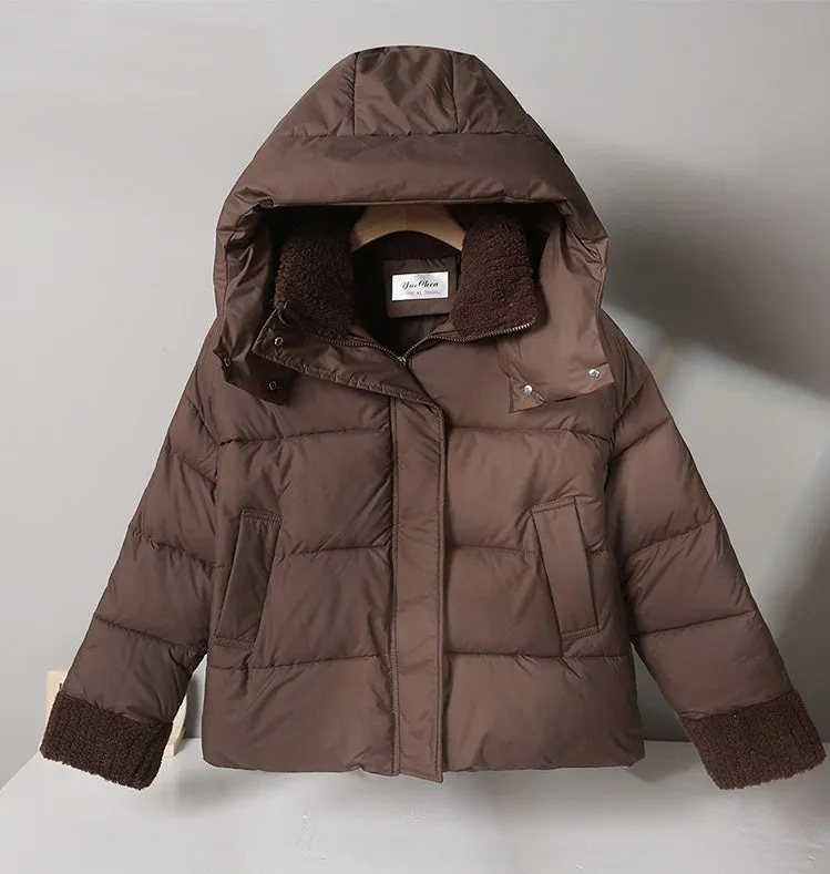 Women's Water-resistant Hooded Puffer Jacket with Patchwork Design