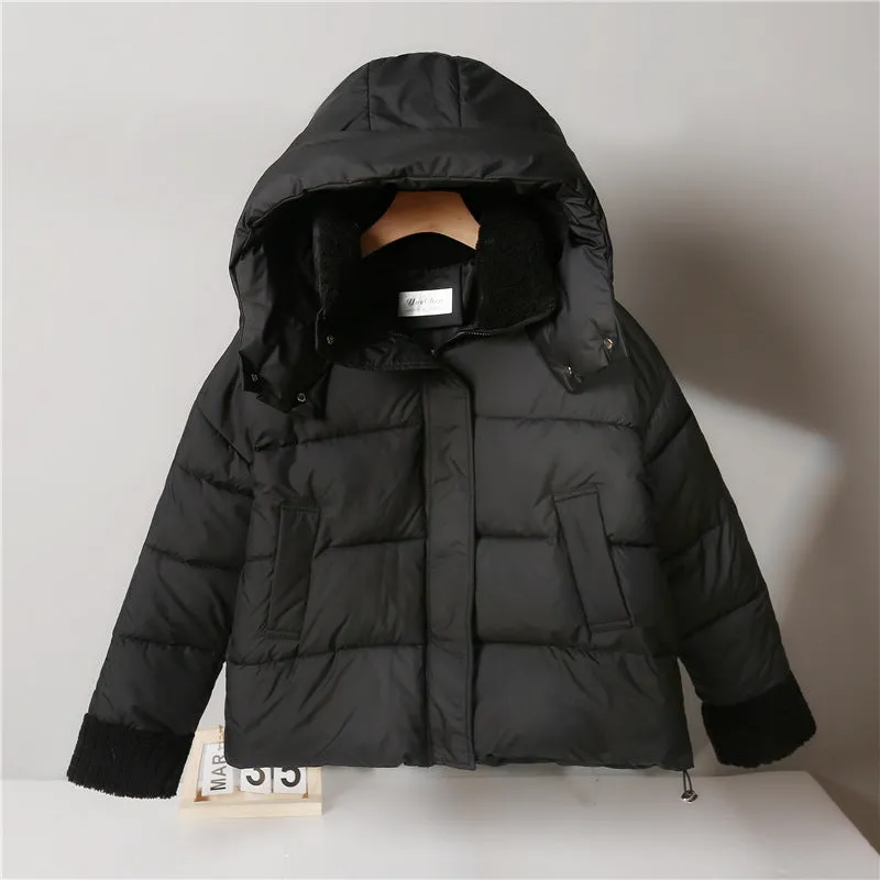 Women's Water-resistant Hooded Puffer Jacket with Patchwork Design