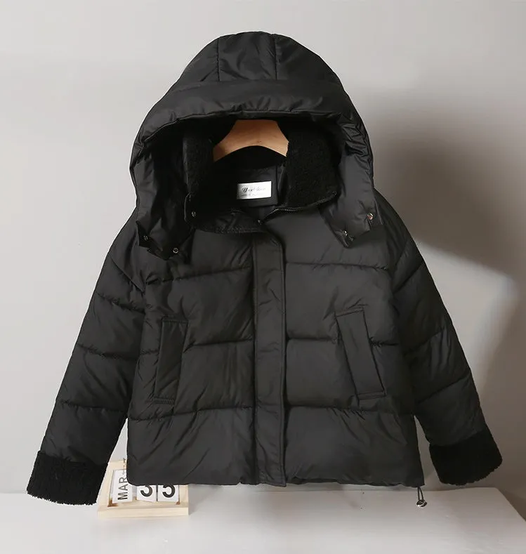 Women's Water-resistant Hooded Puffer Jacket with Patchwork Design