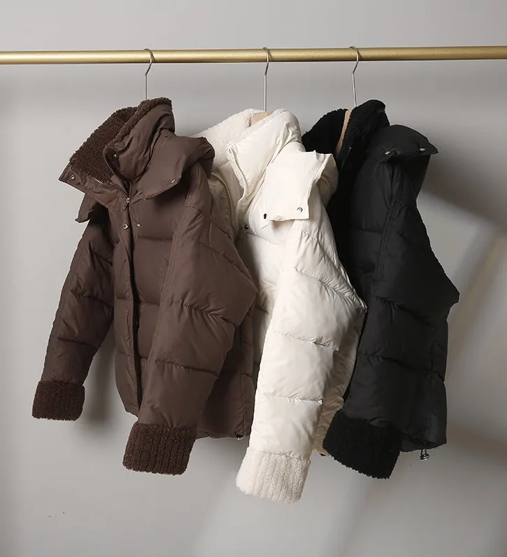 Women's Water-resistant Hooded Puffer Jacket with Patchwork Design