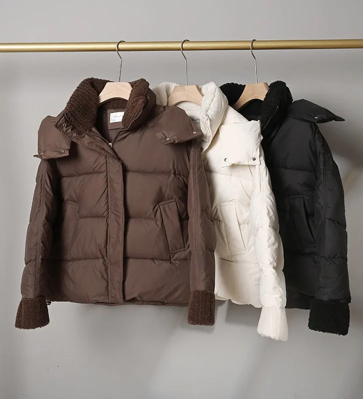 Women's Water-resistant Hooded Puffer Jacket with Patchwork Design