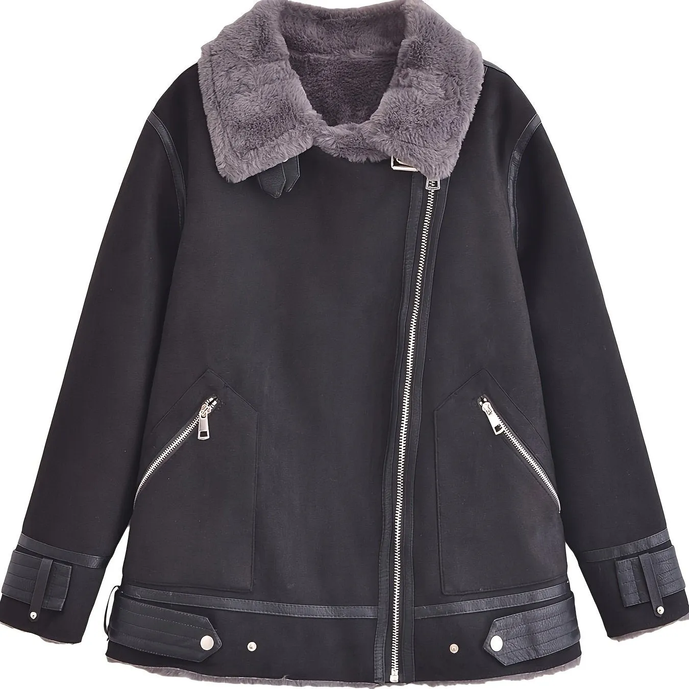 xieyinshe  Fuzzy Lined Zip Up Jacket, Vintage Long Sleeve Warm Outwear For Fall & Winter, Women's Clothing