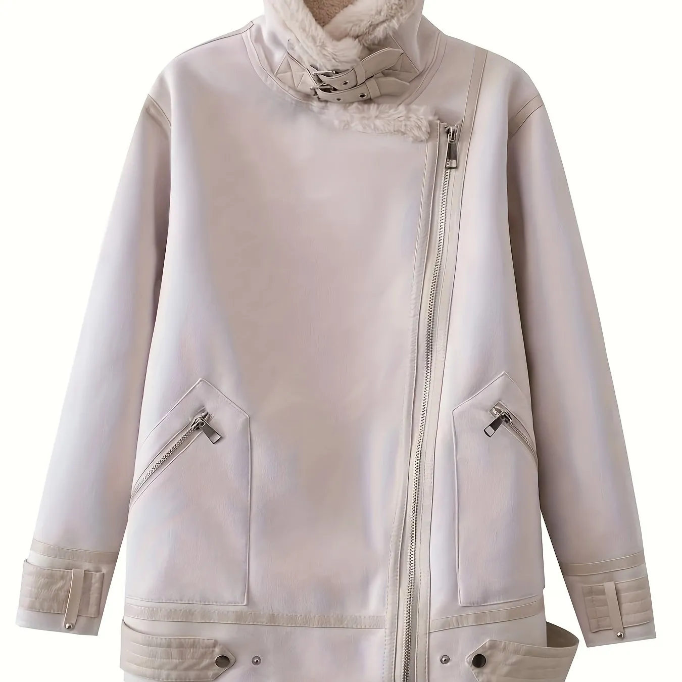 xieyinshe  Fuzzy Lined Zip Up Jacket, Vintage Long Sleeve Warm Outwear For Fall & Winter, Women's Clothing