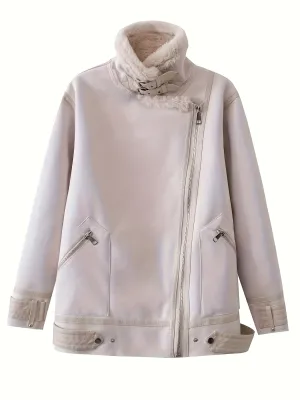 xieyinshe  Fuzzy Lined Zip Up Jacket, Vintage Long Sleeve Warm Outwear For Fall & Winter, Women's Clothing