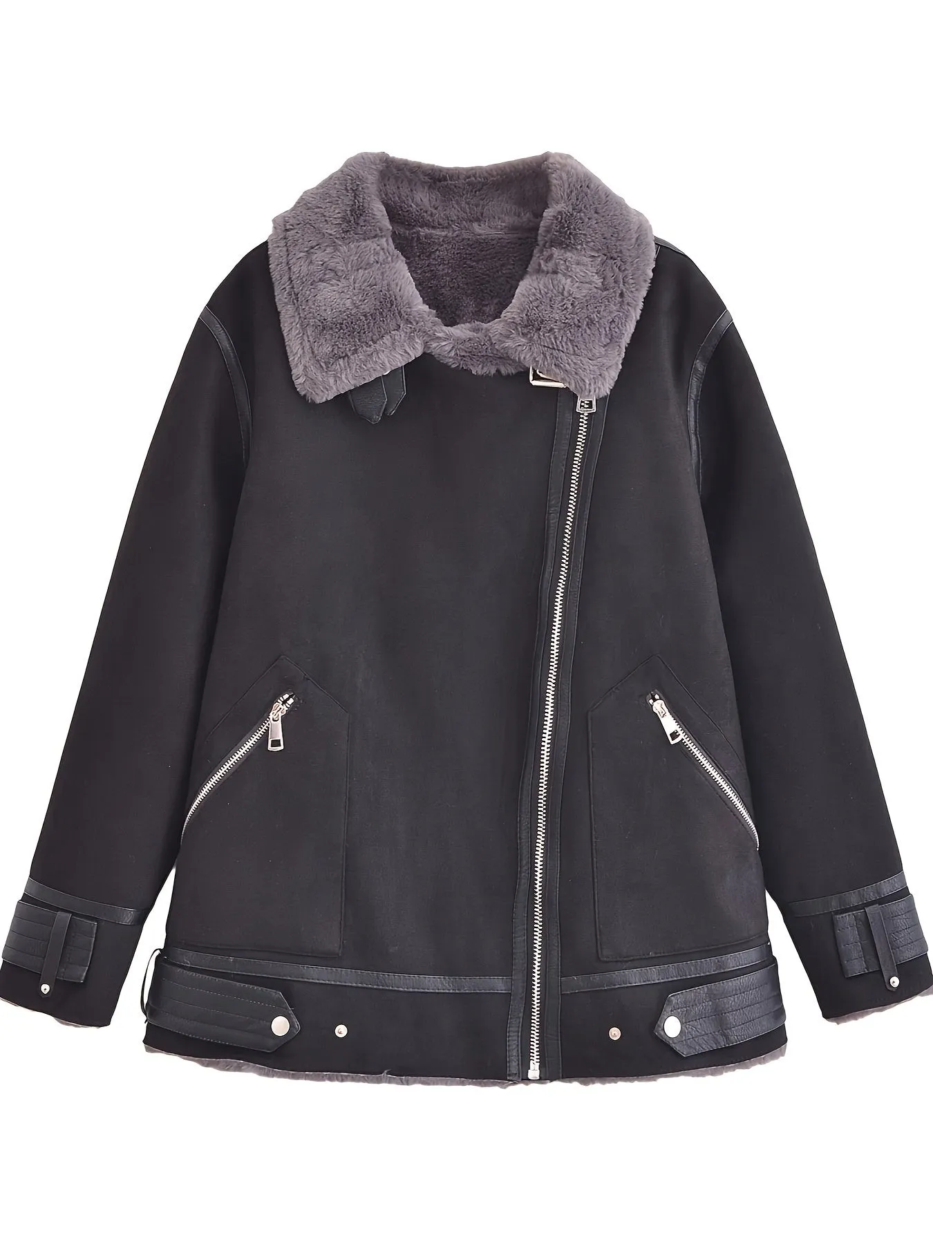 xieyinshe  Fuzzy Lined Zip Up Jacket, Vintage Long Sleeve Warm Outwear For Fall & Winter, Women's Clothing