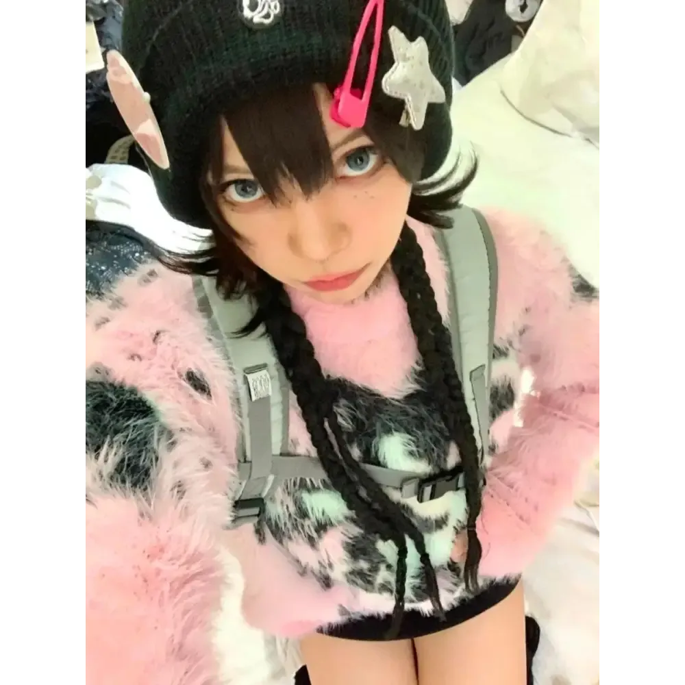 Y2K Aesthetic Fuzzy Sweater in Youthful Pink for Effortless Cozy Style