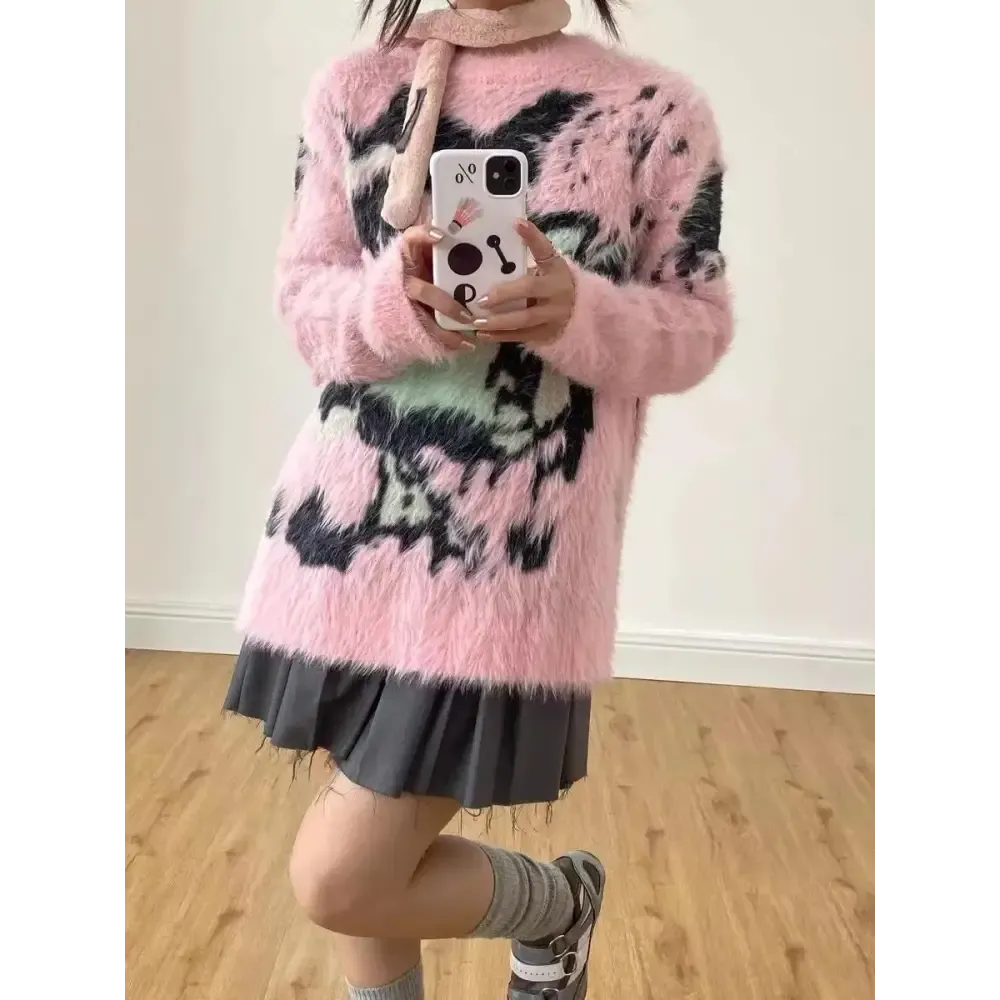 Y2K Aesthetic Fuzzy Sweater in Youthful Pink for Effortless Cozy Style