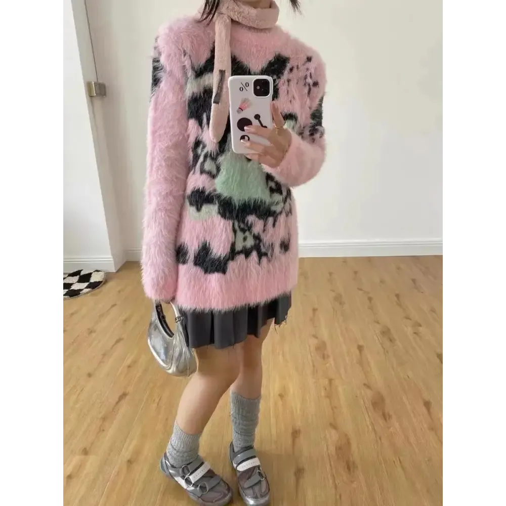 Y2K Aesthetic Fuzzy Sweater in Youthful Pink for Effortless Cozy Style