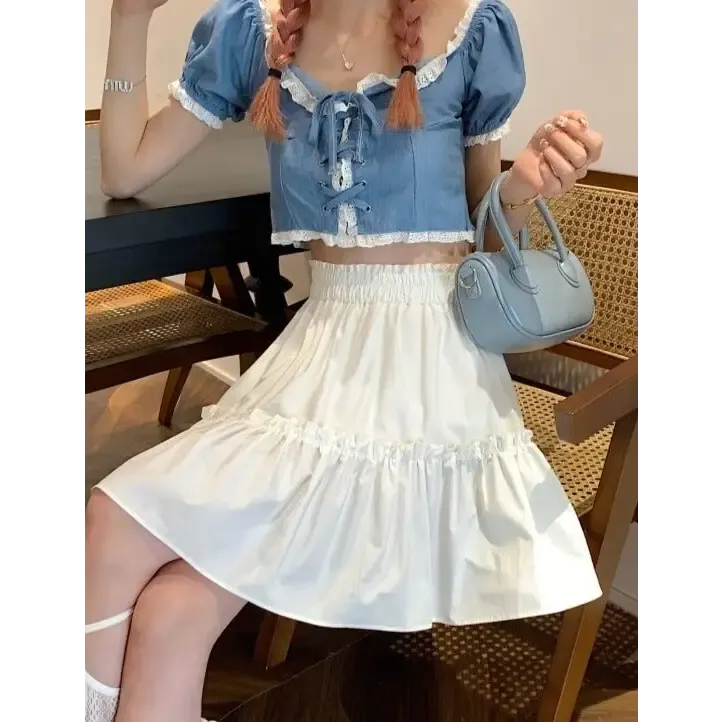 Y2K High Waist Preppy Style Skirt with Fun Patchwork Detail