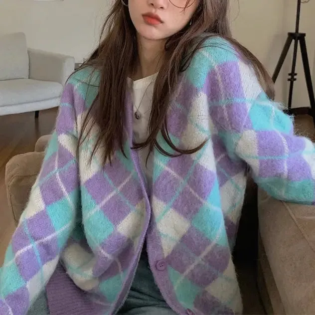 Y2K Purple Argyle Print Cardigan with Fuzzy Mohair Texture