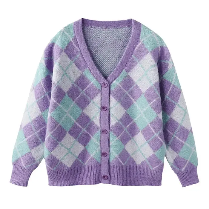 Y2K Purple Argyle Print Cardigan with Fuzzy Mohair Texture