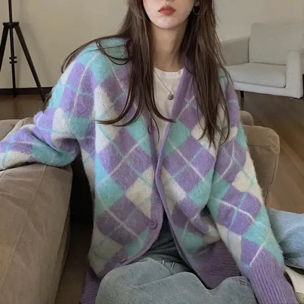 Y2K Purple Argyle Print Cardigan with Fuzzy Mohair Texture