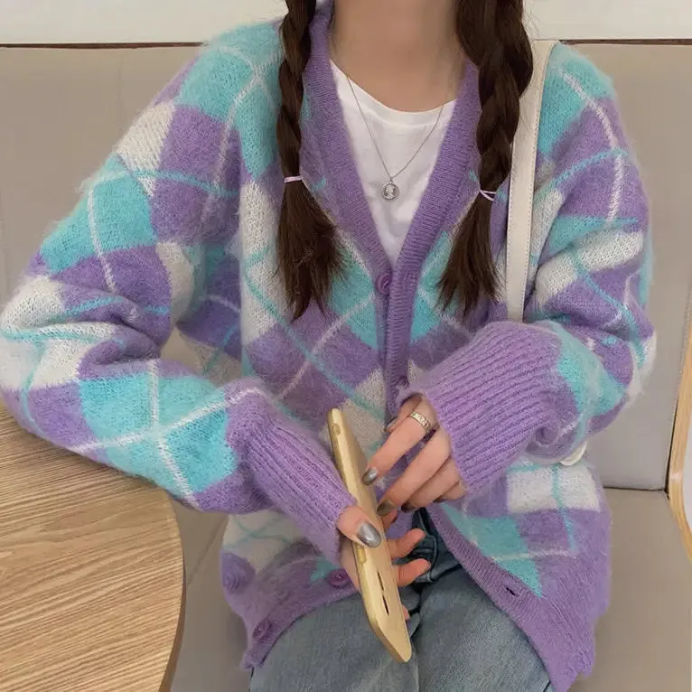 Y2K Purple Argyle Print Cardigan with Fuzzy Mohair Texture