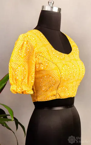 Yellow printed cotton  blouse with neck pattern