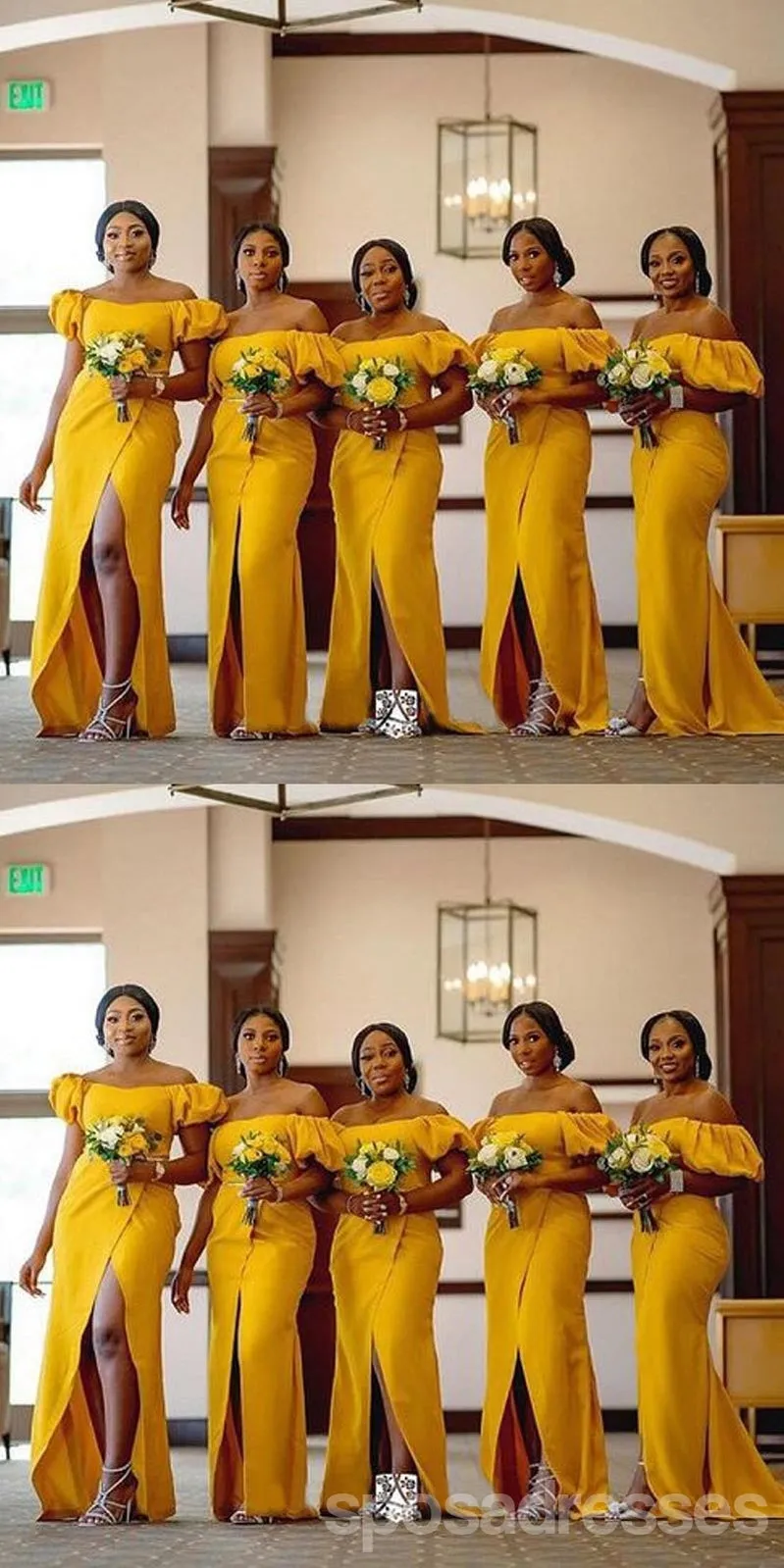 Yellow Sheath Off Shoulder Side Slit Cheap Maxi Long Bridesmaid Dresses,WG1686