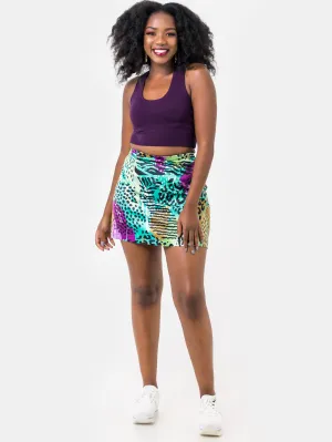 Zoya Satin Basic A-Line Mini Skirt - Green Print
