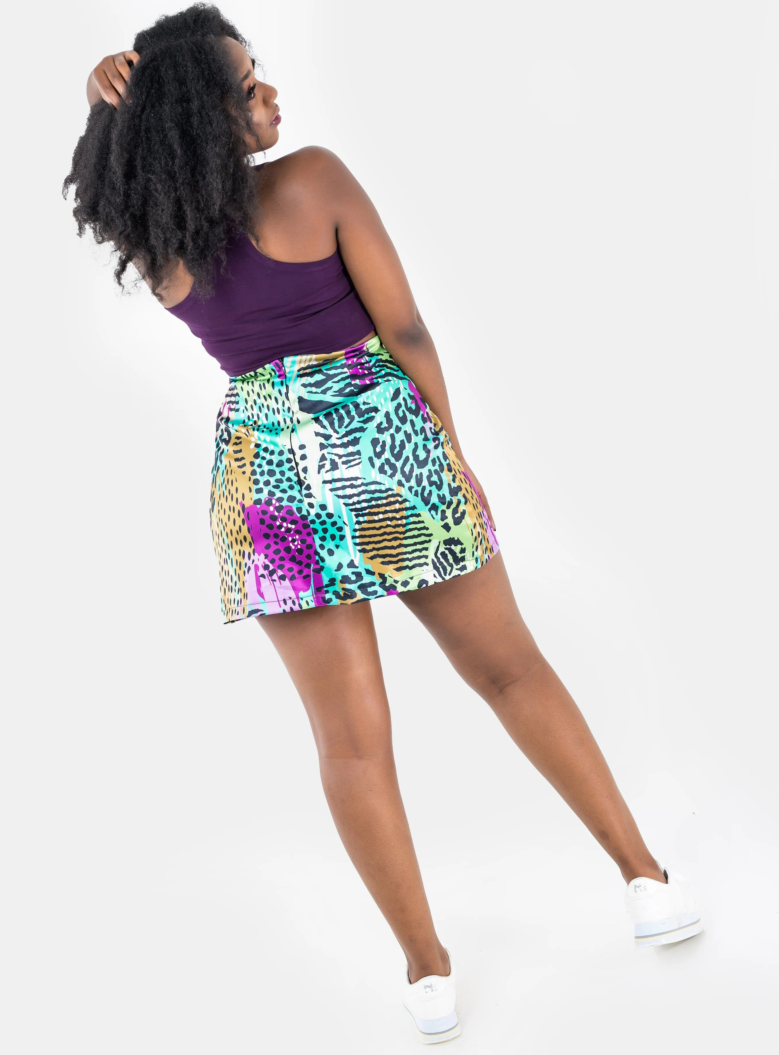 Zoya Satin Basic A-Line Mini Skirt - Green Print